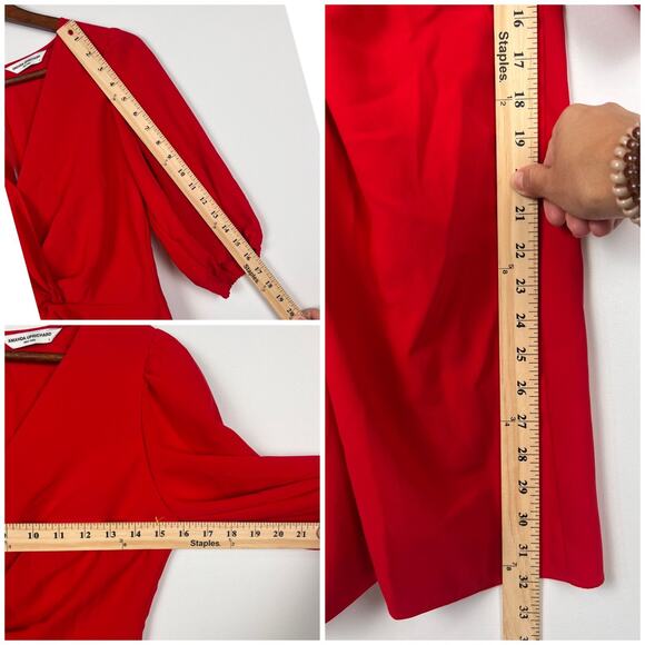 Amanda Uprichard Red Puff Sleeve Knot Front S Mini Dress Women's V-Neck Cocktail - Picture 5 of 9